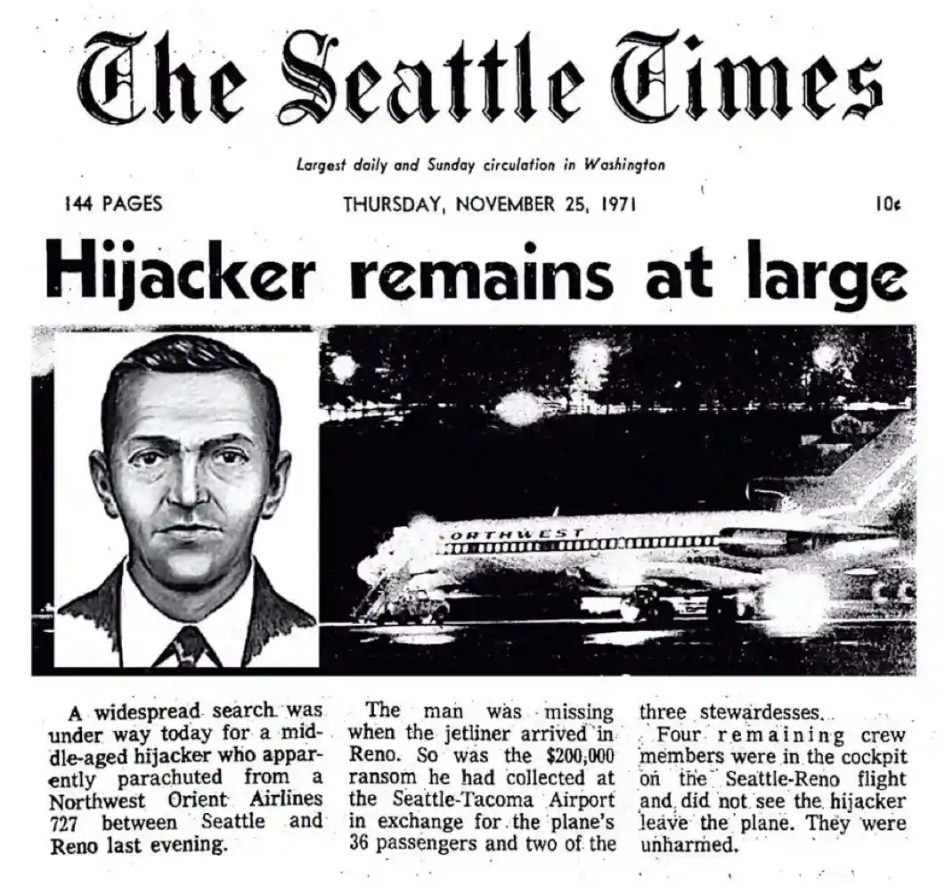 A black-and-white newspaper clipping from The Seattle Times dated November 25, 1971, features a headline 'Hijacker remains…