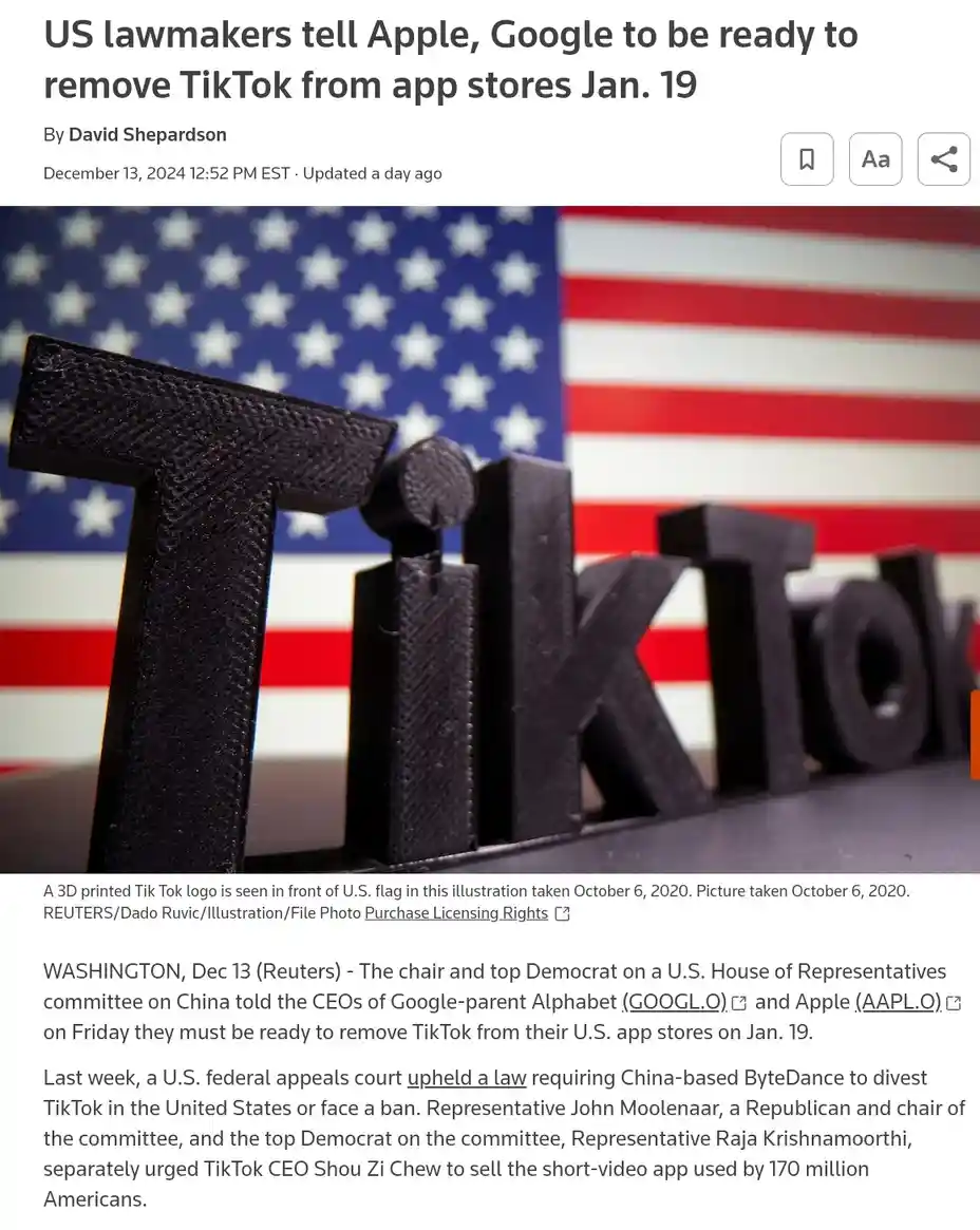 A news article screenshot shows a 3D-printed black 'TikTok' logo in front of a blurred American flag. The headline reads 'US…