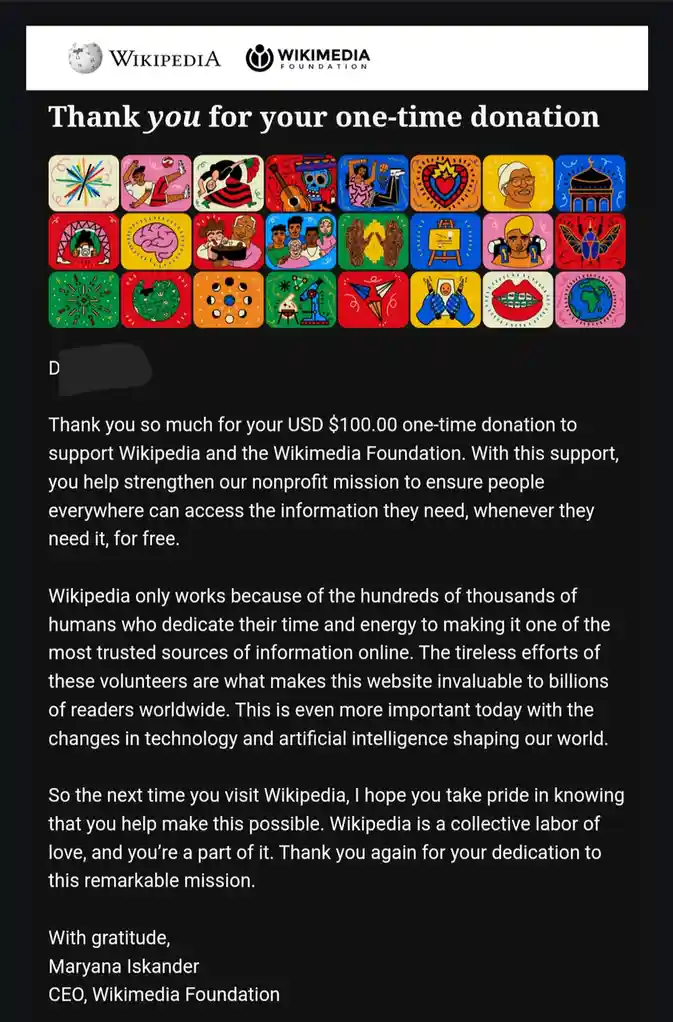 A screenshot of a Wikipedia donation confirmation email thanking a donor for a $100 one-time donation. The email features a…