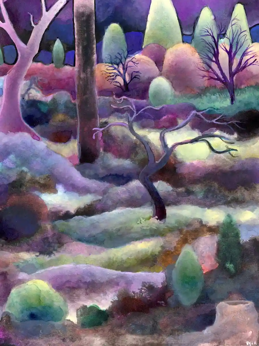 A surreal watercolor painting depicts a stylized forest with bare, gnarled trees and rounded, colorful foliage under a…