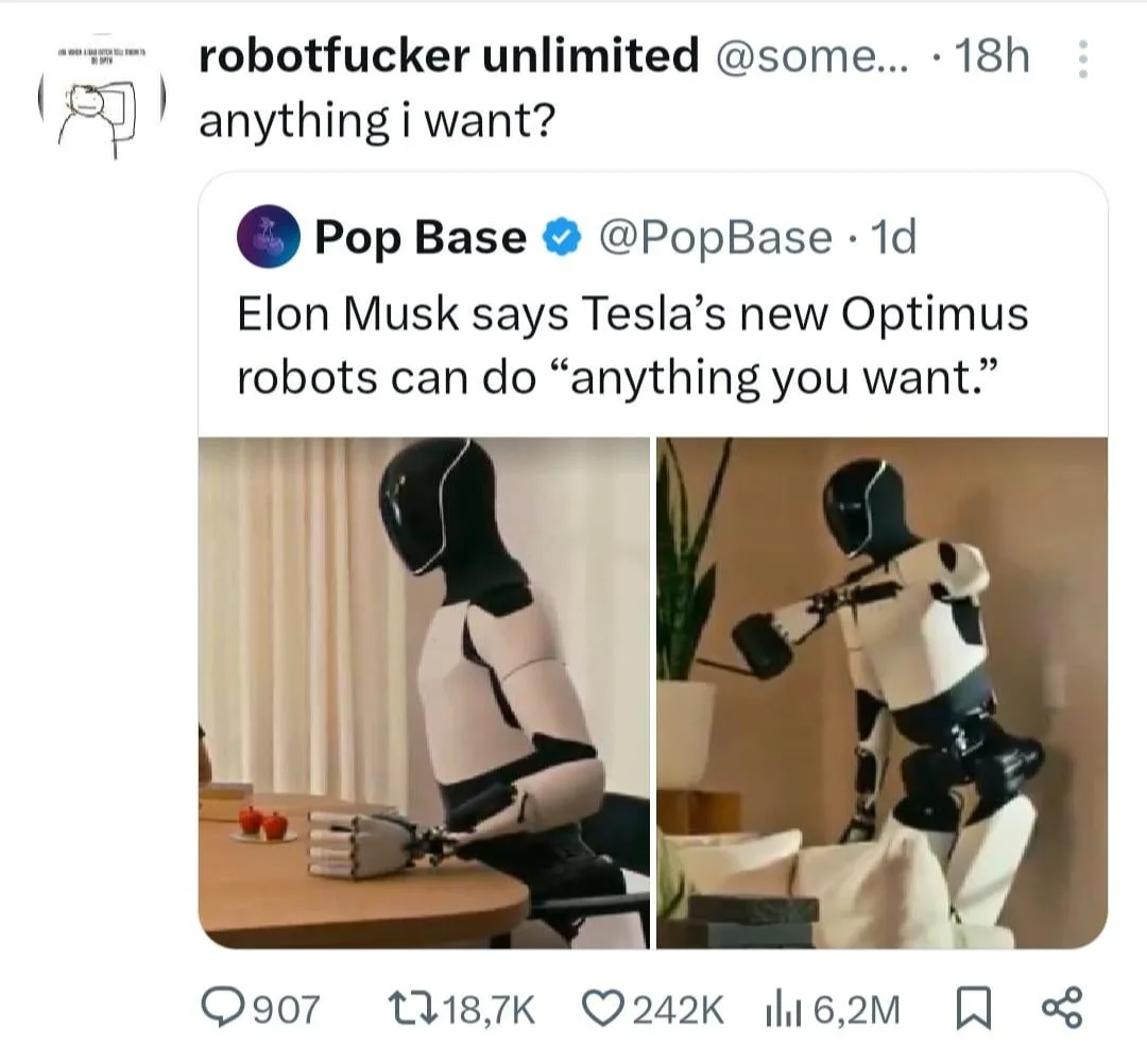 A screenshot of a tweet from 'robotfucker unlimited' replying to a tweet from 'Pop Base' that says 'Elon Musk says Tesla's…