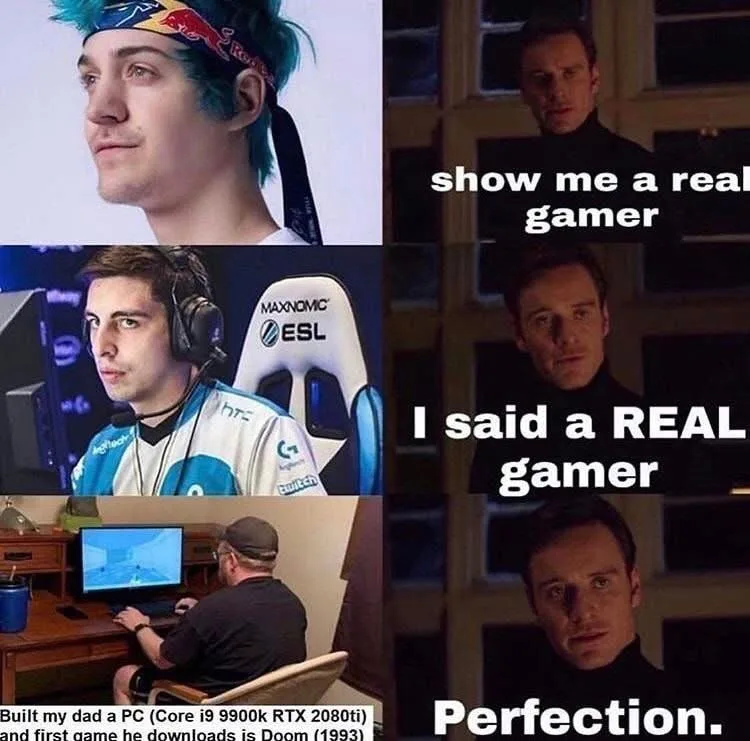 A four-panel meme featuring three different men playing video games, juxtaposed with Michael Fassbender's increasingly…