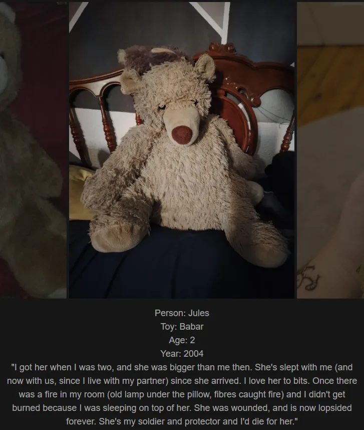 A worn, lopsided teddy bear named Babar sits on a bed against a wooden headboard. Overlaid text identifies the owner as…