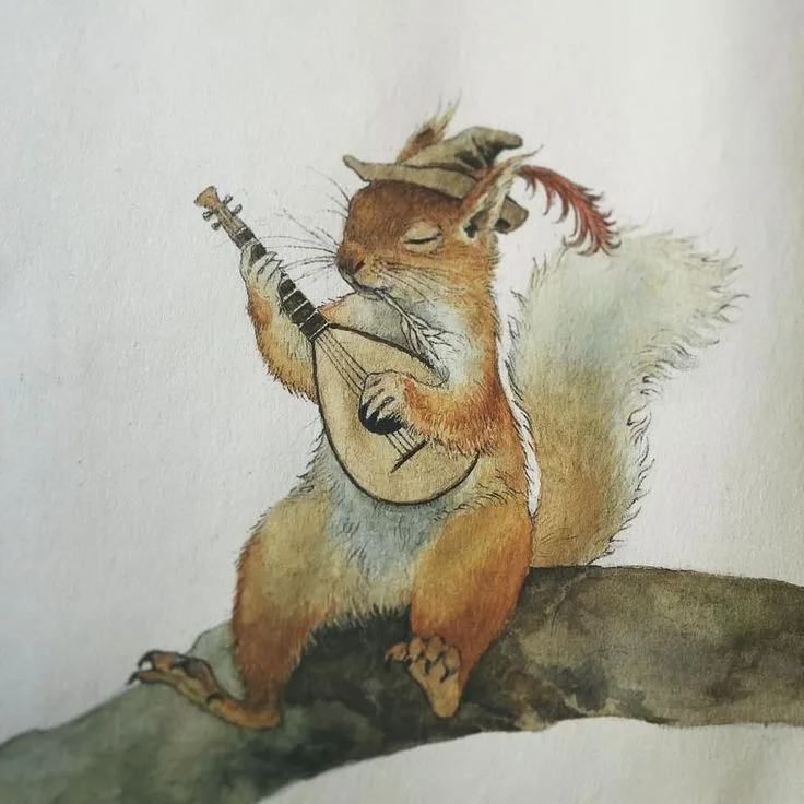 A watercolor painting of a red squirrel wearing a small hat, sitting on a branch and playing a mandolin with its eyes closed…