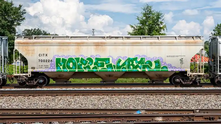 A weathered white railroad hopper car with rust stains sits on tracks under a cloudy sky, featuring large green graffiti…