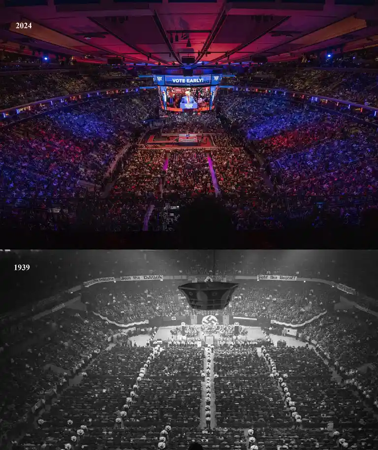 The image is split into two parts: the top shows a modern, brightly lit arena in 2024 with a large crowd, a stage, and a…