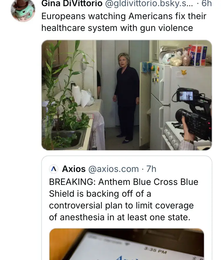 A screenshot of a tweet by Gina DiVittorio shows a photo of Hillary Clinton standing in a kitchen doorway, with a camera…