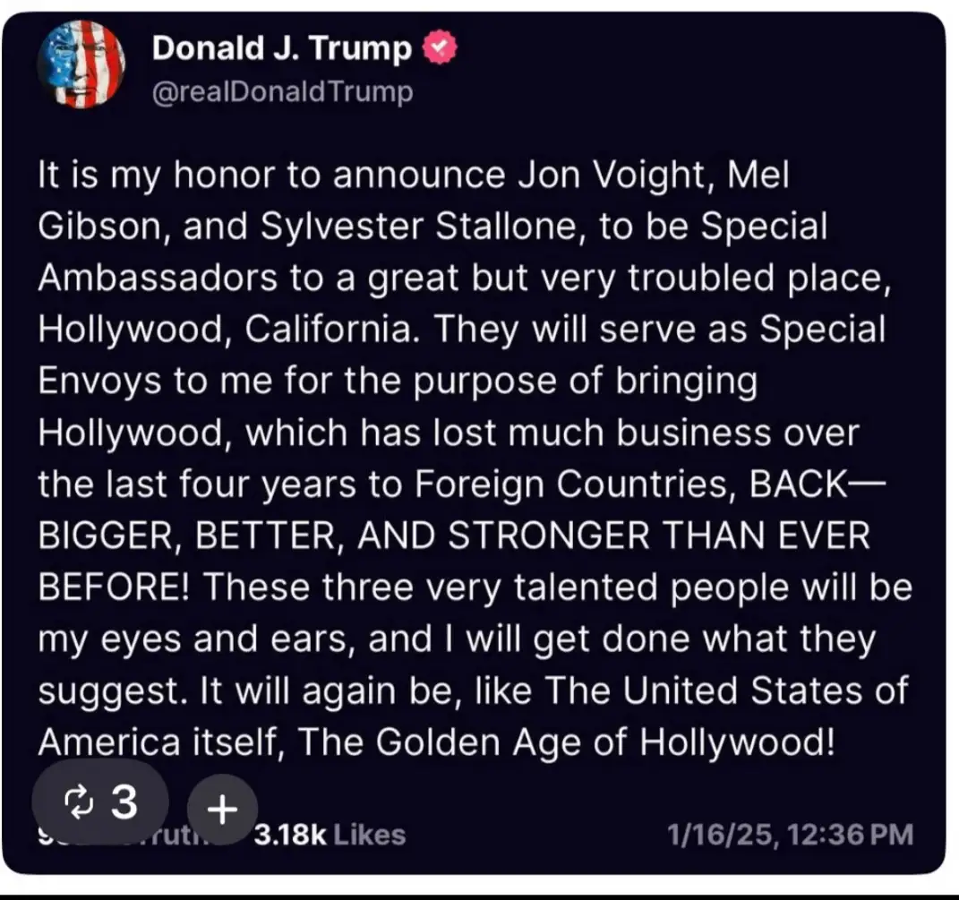 A screenshot of a fake tweet from Donald J. Trump's verified account, announcing actors Jon Voight, Mel Gibson, and…