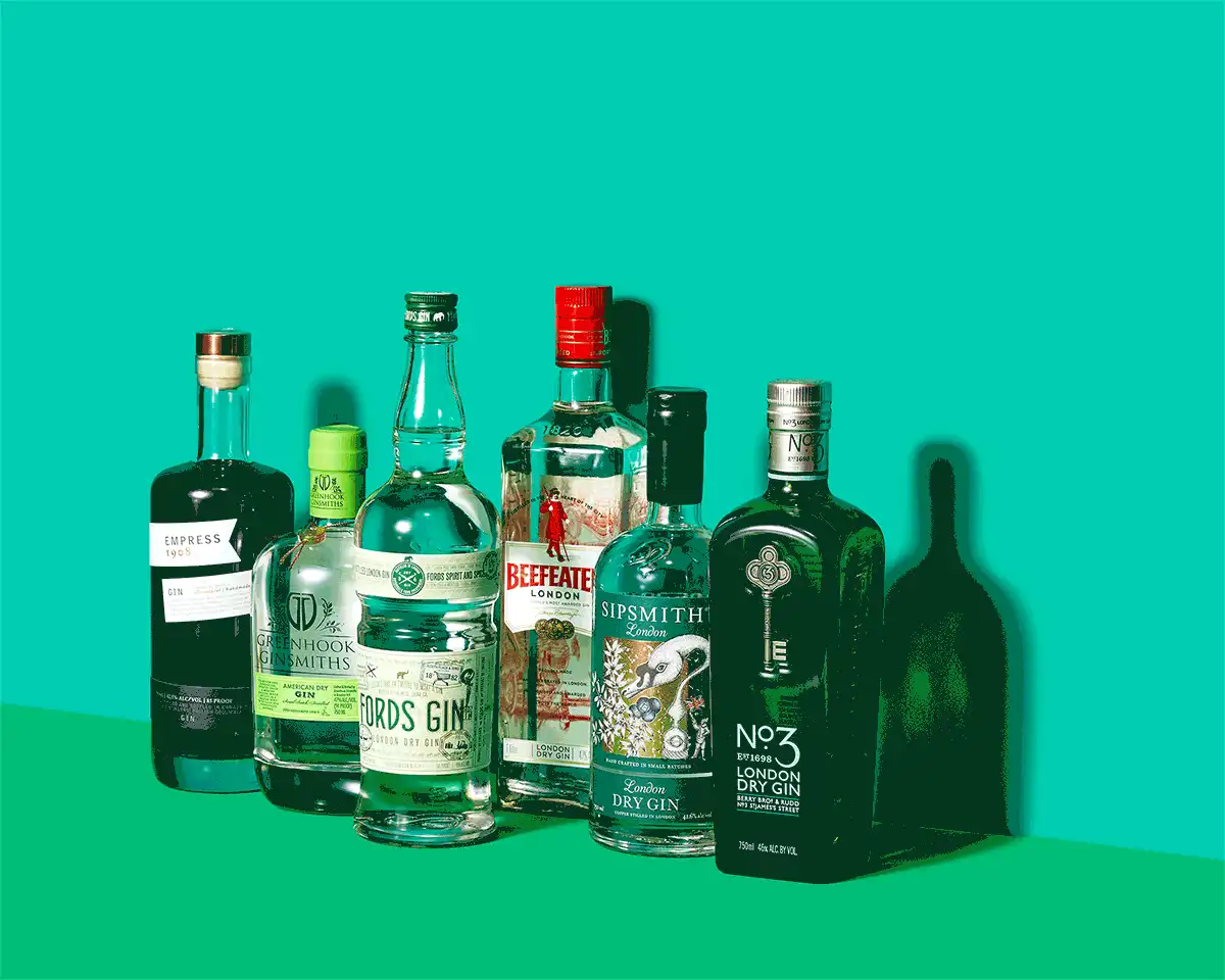 The image displays six panels arranged in two rows of three, each showing a group of gin bottles against a teal background…