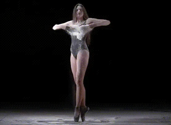 A sequence of six images shows a woman in a sparkly bodysuit and high heels, standing on a stage against a black background…