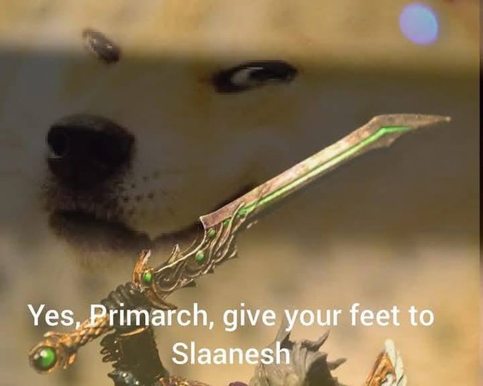 A close-up image of a Shiba Inu dog's face, with a fantasy ornate sword superimposed in front of it. The sword has a green…