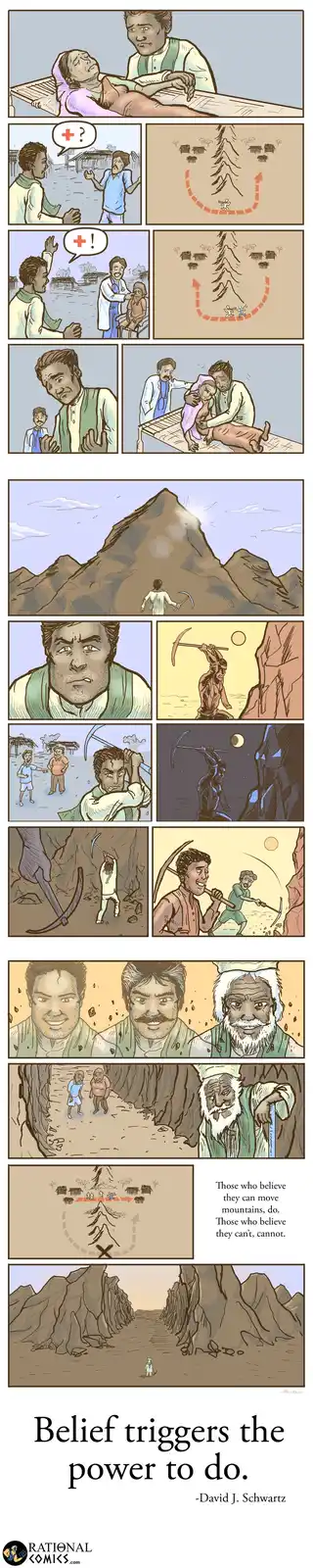 A comic strip depicts a man who, after being told he can't move a mountain, begins to dig at it with a pickaxe. He is shown…