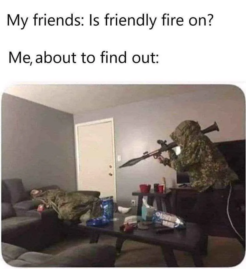 A person in camouflage gear, holding a large rifle, aims at another person lying motionless on a couch in a messy living…
