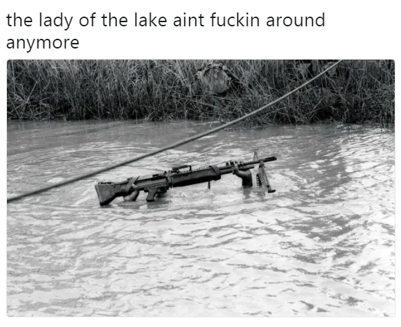 A black-and-white photo shows a heavy machine gun partially submerged in shallow water, with reeds and grass visible in the…
