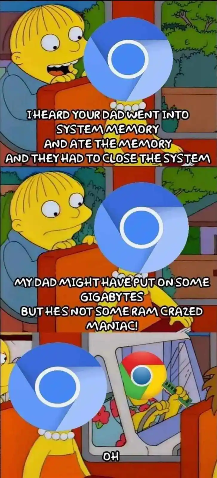 A three-panel meme using The Simpsons characters, where a child tells a story about a dad who 'ate system memory' and…