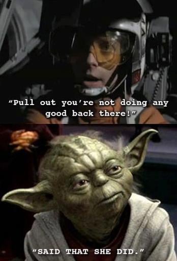 The image is a two-panel meme. The top panel shows a pilot in a helmet with the text "Pull out you're not doing any good…