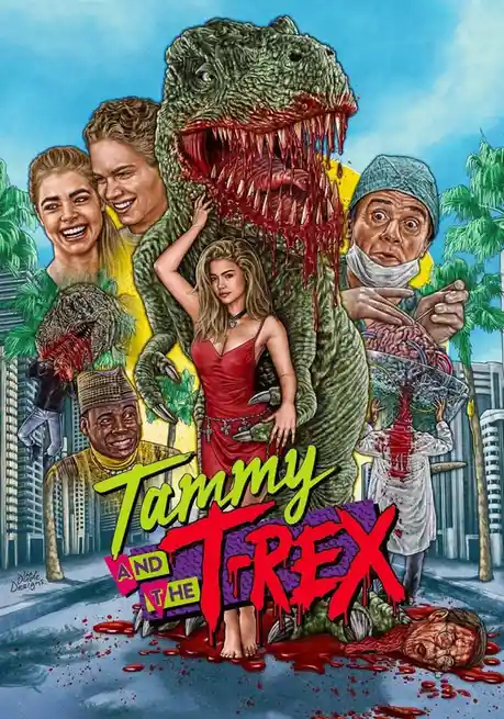A stylized movie poster parody featuring a giant T-Rex with blood dripping from its mouth, standing in a city street. A…
