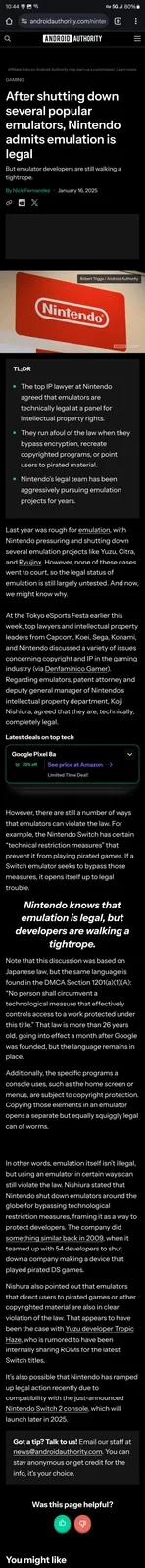 The image displays a screenshot of an Android Authority article about Nintendo's legal stance on emulation. The article's…
