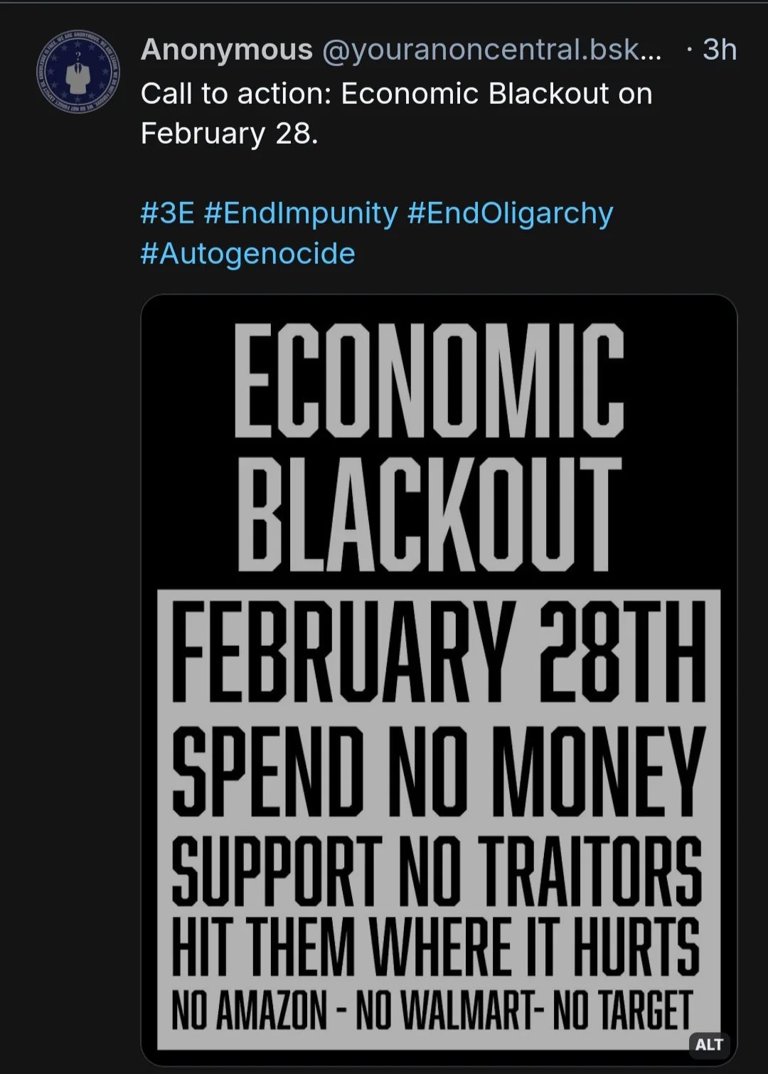 A black-and-white graphic poster with bold text announces an 'ECONOMIC BLACKOUT' scheduled for February 28th, instructing…