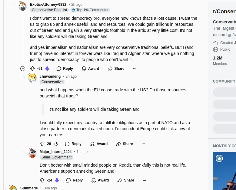 A screenshot of a Reddit thread in the r/Conservative subreddit shows a user advocating for annexing Greenland for…