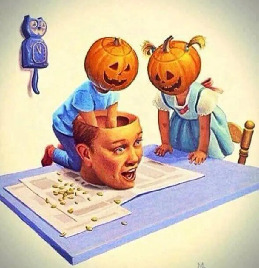 A surreal illustration shows a boy's head emerging from a desk, with two children wearing jack-o'-lantern heads standing on…