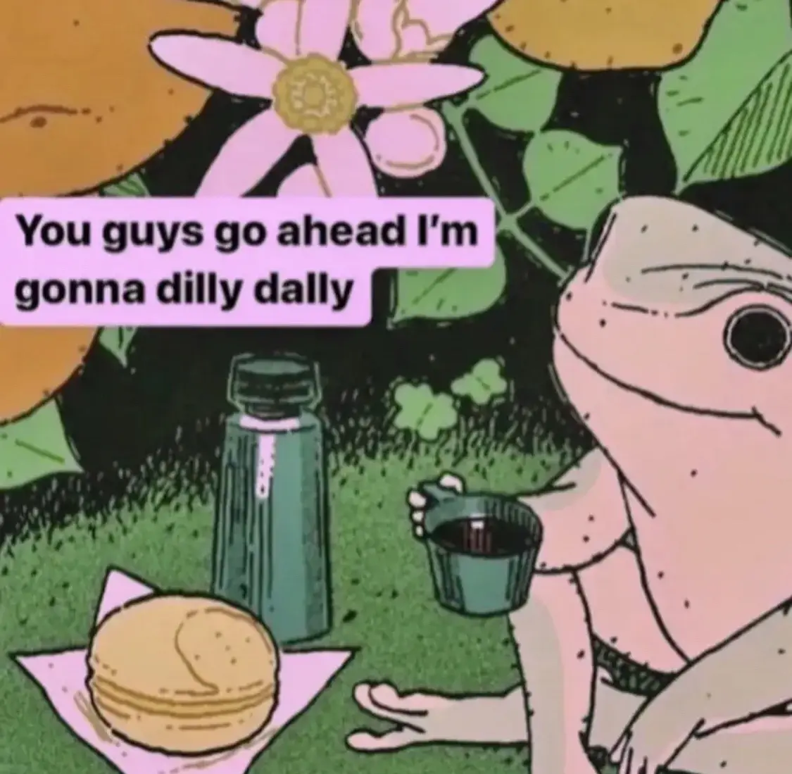 A cartoon frog sits on grass with a sandwich, water bottle, and cup, smiling while a speech bubble says 'You guys go ahead…