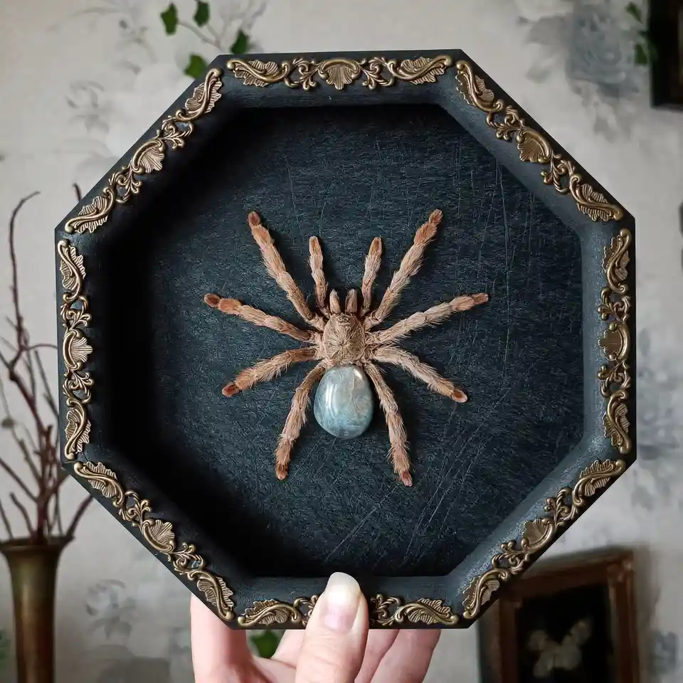 A hand holds an ornate octagonal black frame with gold filigree detailing, displaying a preserved brown tarantula on a dark…