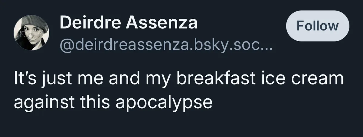 A screenshot of a social media post by Deirdre Assenza showing her profile picture, username, and a dark-themed interface…