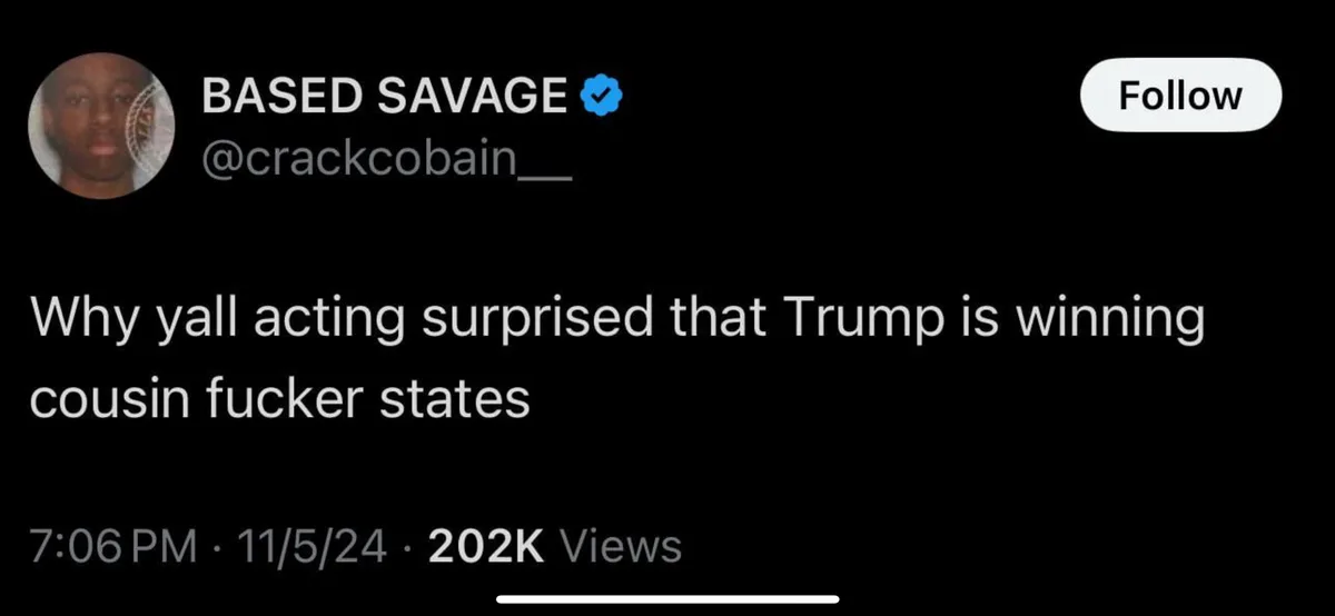 A screenshot of a Twitter post by user 'BASED SAVAGE' (@crackcobain__) with a profile picture of a young Black man. The…