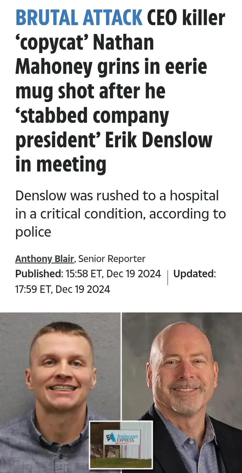 The image displays a news article headline about a man named Nathan Mahoney, shown in a mugshot, smiling while wearing…