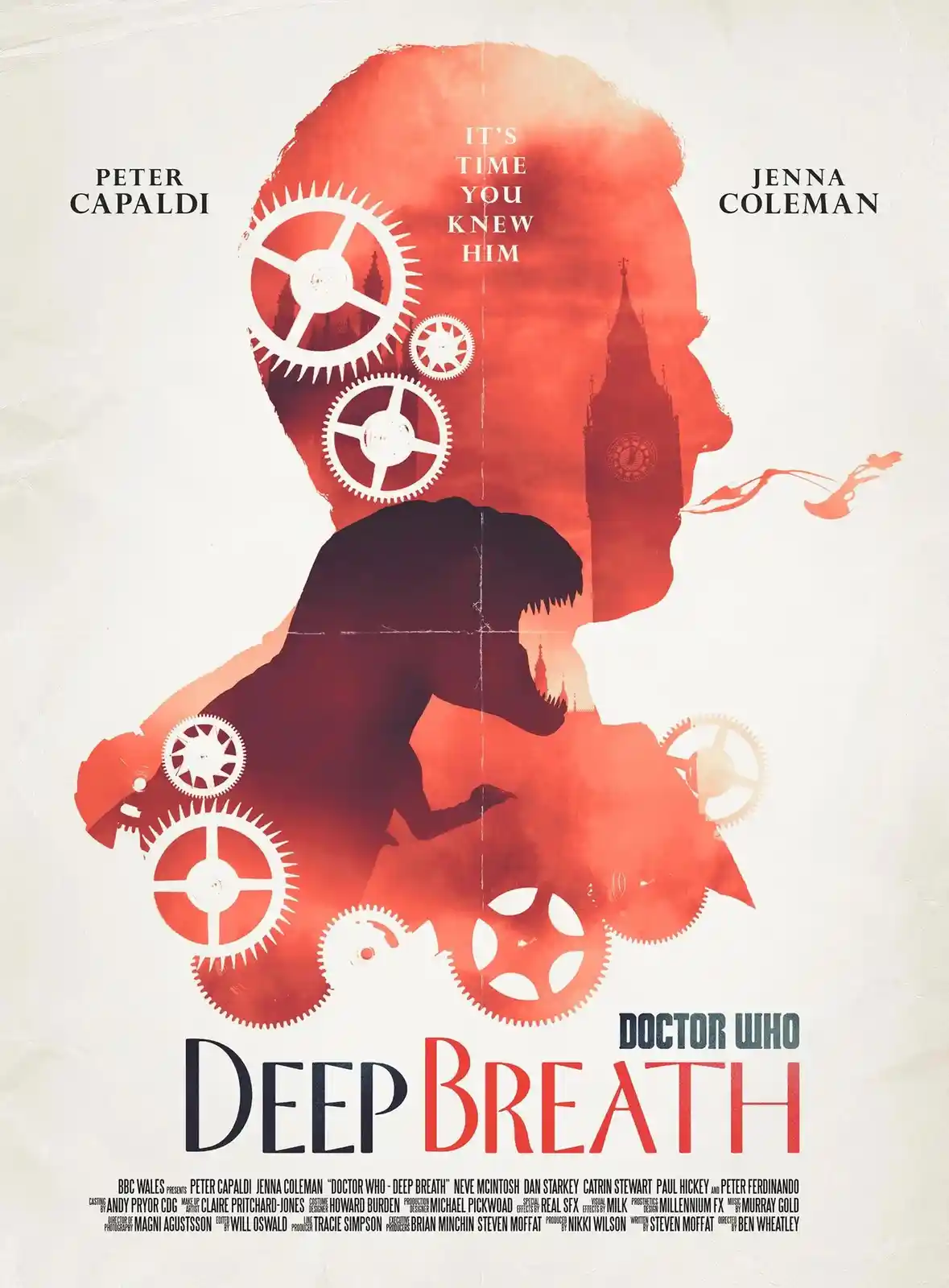This is a promotional poster for the Doctor Who episode 'Deep Breath,' featuring a red silhouette of the Doctor's profile…