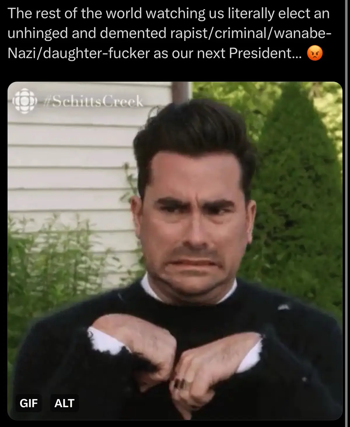 A still image from the TV show 'Schitt's Creek' shows a man with a distressed, horrified expression, pulling at his black…