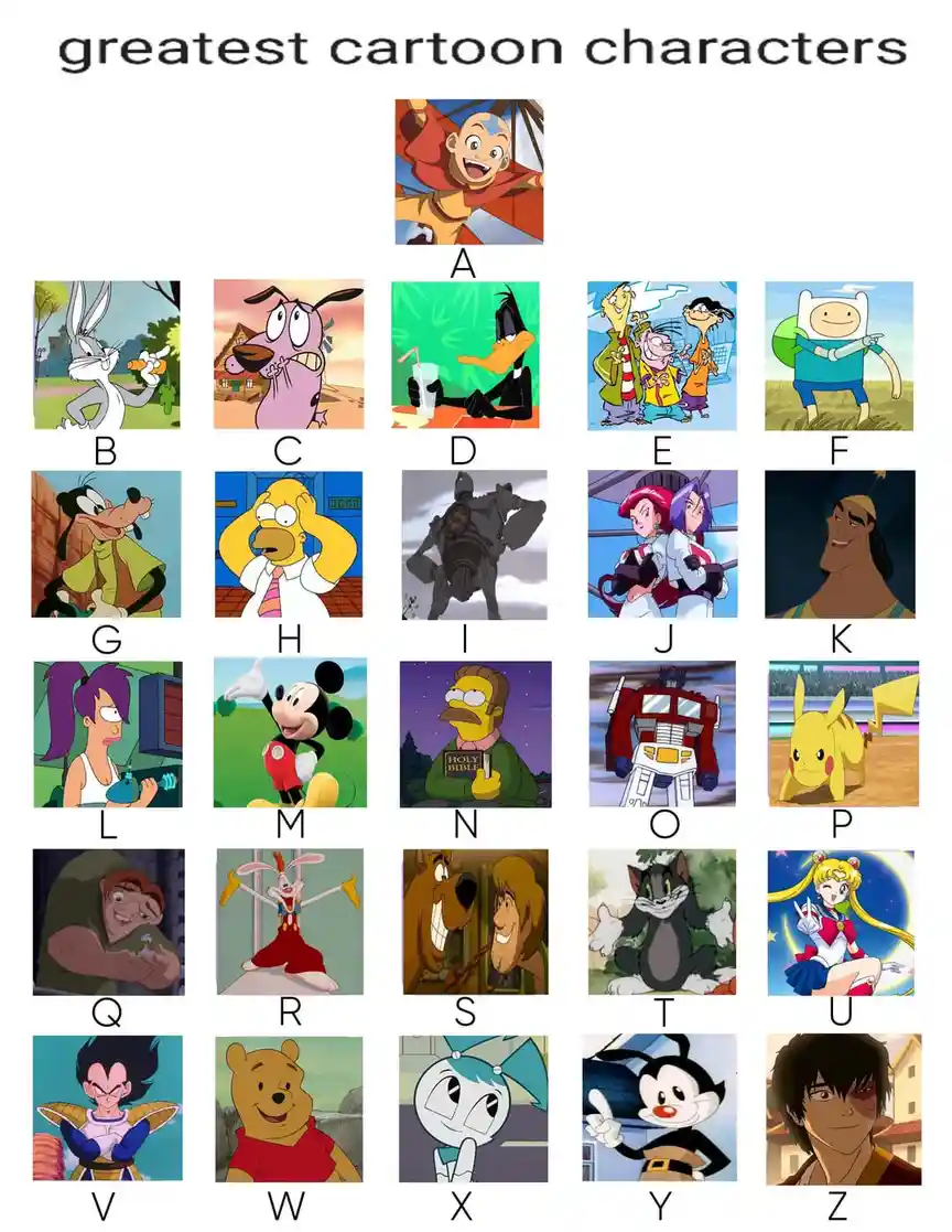 An image displays a grid of 26 cartoon characters, each labeled with a letter from A to Z, under the title 'greatest cartoon…