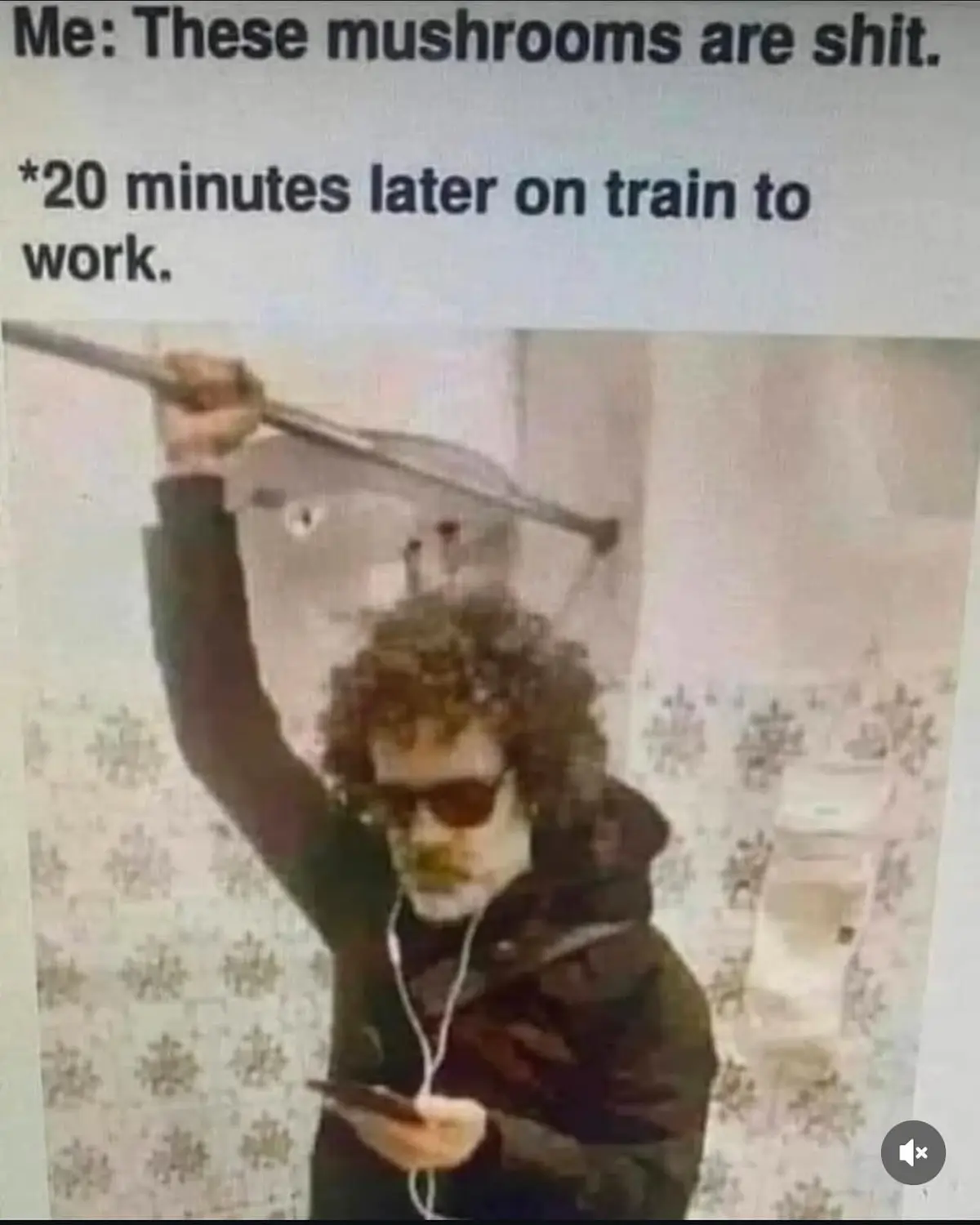 A person with curly hair, sunglasses, and earphones holds a crutch above their head while looking at a phone, with text…