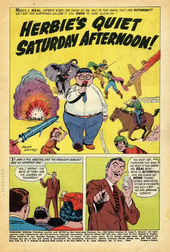 A vintage comic book panel titled 'Herbie's Quiet Saturday Afternoon!' shows a plump boy named Herbie calmly eating an ice…