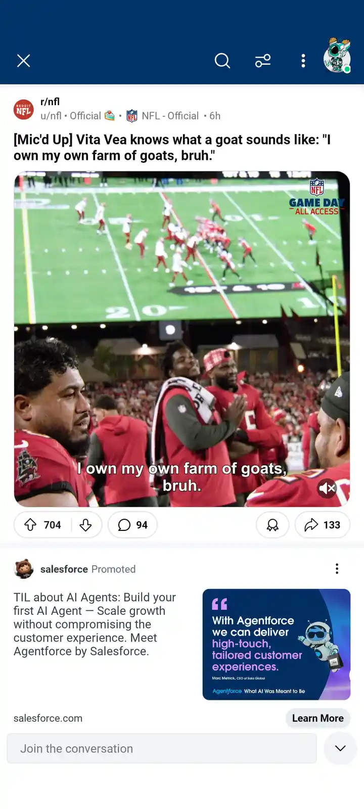 The image shows NFL player Vita Vea on the sidelines during a game, with overlaid text reading 'I own my own farm of goats…