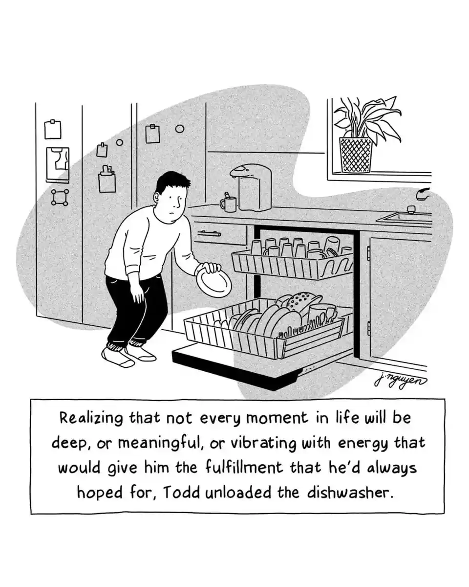 A black-and-white cartoon depicts a man named Todd in a kitchen, pulling out the bottom drawer of a dishwasher filled with…