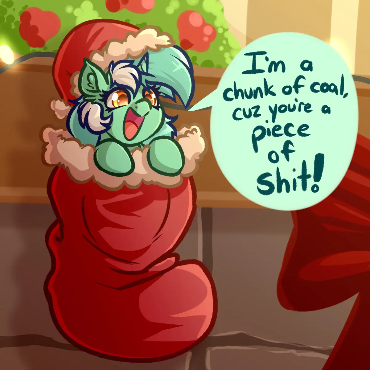 A cartoon green dragon with blue hair and a red Santa hat pops out of a red Christmas stocking, looking angry and shouting…