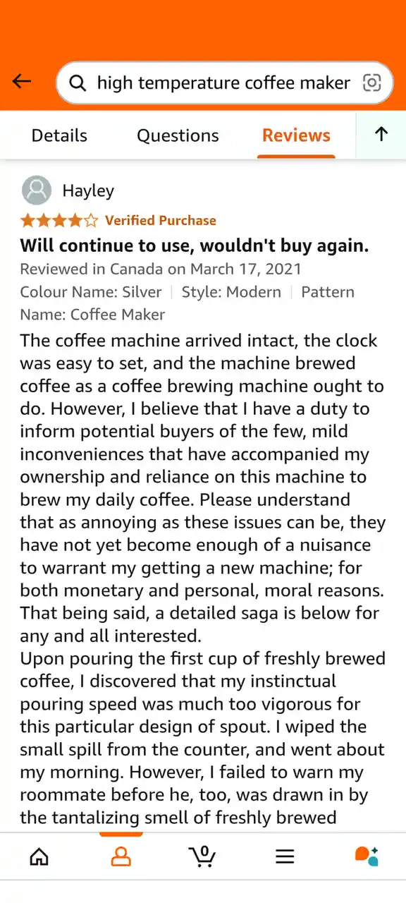 A screenshot of a product review on an online shopping site for a 'high temperature coffee maker'. The review, by a user…