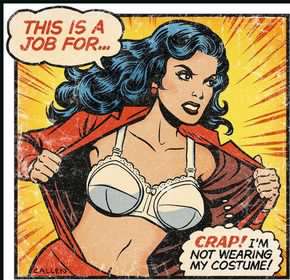 A vintage comic book style illustration of a woman with dark blue hair and a red cape, pulling it open to reveal she's only…
