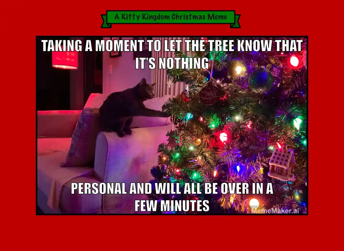 A dark gray cat sits on the arm of a couch, reaching out to touch a brightly lit, decorated Christmas tree. The tree has…
