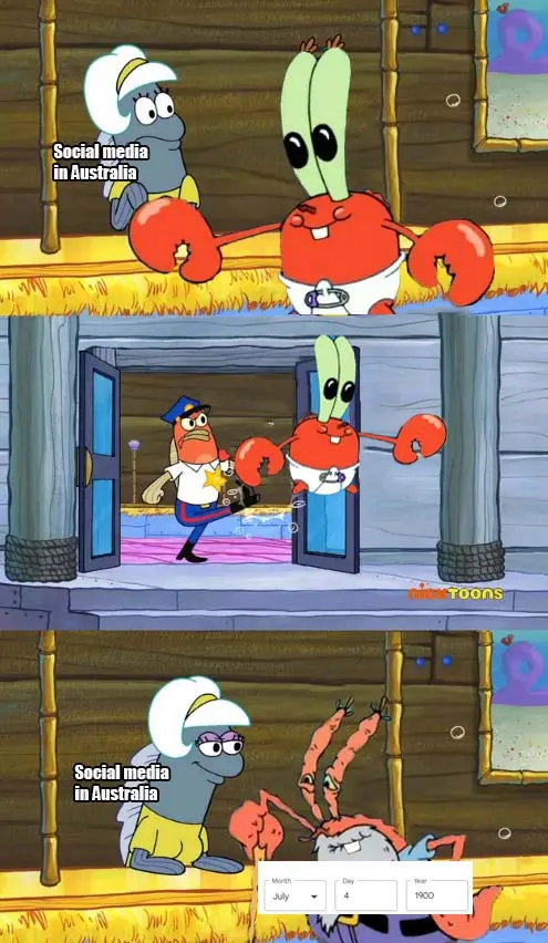 A three-panel SpongeBob SquarePants meme showing a crab character initially boxing with a squid character labeled 'Social…