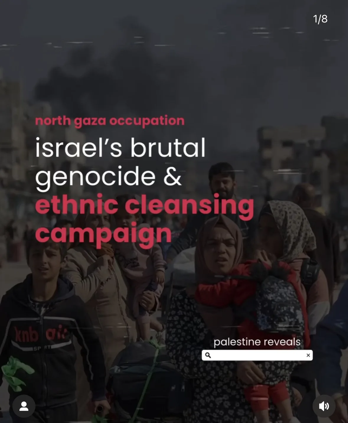 A dark, smoky image shows a group of displaced people, including women and children, carrying belongings. Overlaid text in…