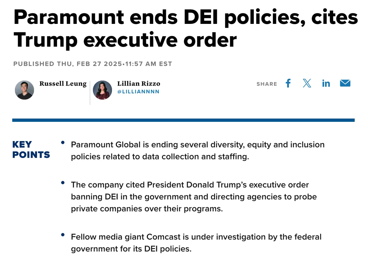 A screenshot of a news article with the headline 'Paramount ends DEI policies, cites Trump executive order' published on Feb…
