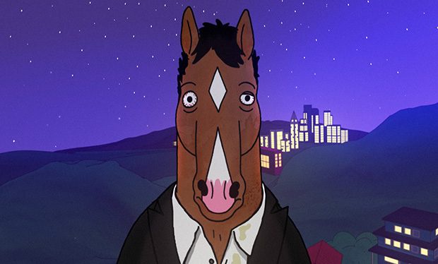 An animated brown horse with a human-like face, wearing a suit and tie, stares directly at the viewer with wide eyes and a…