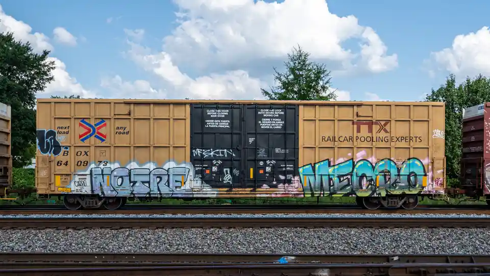 A tan freight train car with graffiti and safety warnings sits on tracks under a blue sky. The text 'no one' is overlaid on…