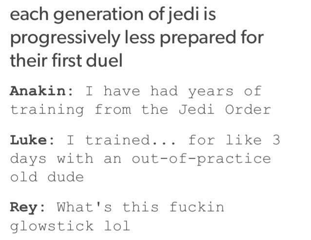 A text-based meme showing a dialogue where Anakin claims years of Jedi training, Luke admits only 3 days with an old master…