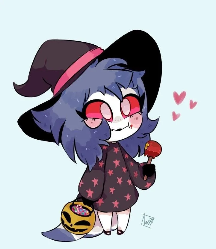 A chibi-style cartoon witch with blue hair, red eyes, and a black hat with a pink band, wearing a star-patterned dress and…