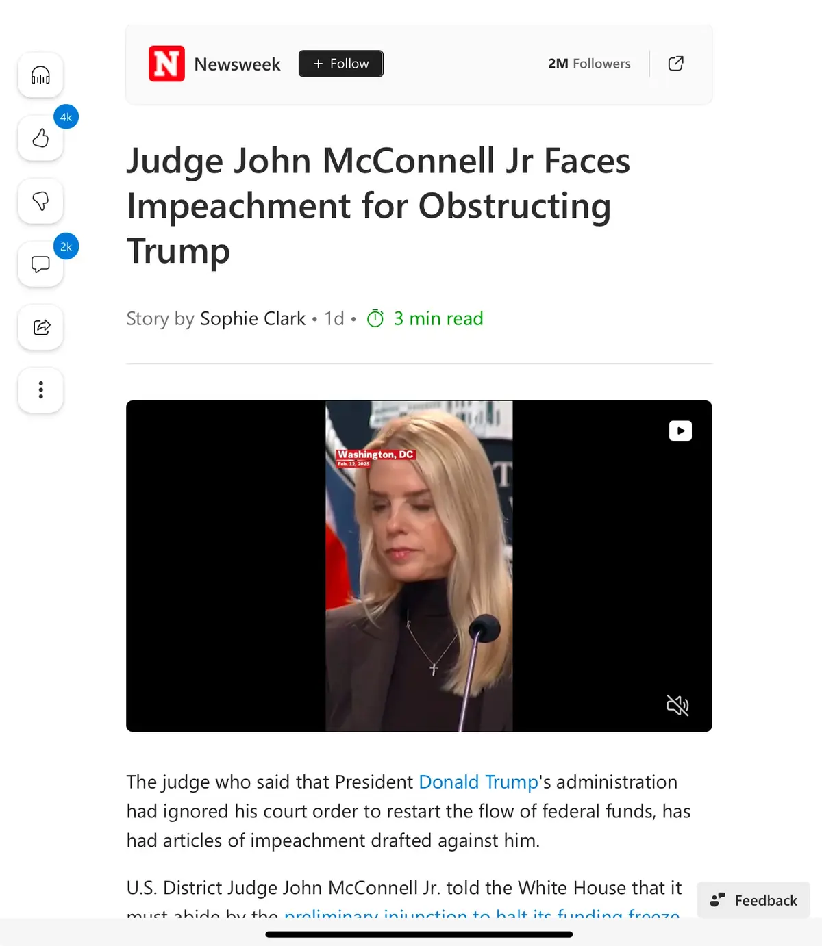 A screenshot of a Newsweek article titled 'Judge John McConnell Jr Faces Impeachment for Obstructing Trump' shows a video…