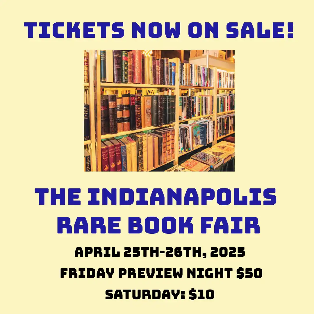 An advertisement image for 'The Indianapolis Rare Book Fair' set against a background of bookshelves filled with books. The…